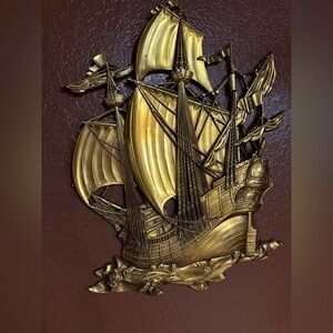 Vintage 1958 Syroco Wall Art Depicting A Pirate Ship In Gold Finish. Very Rare